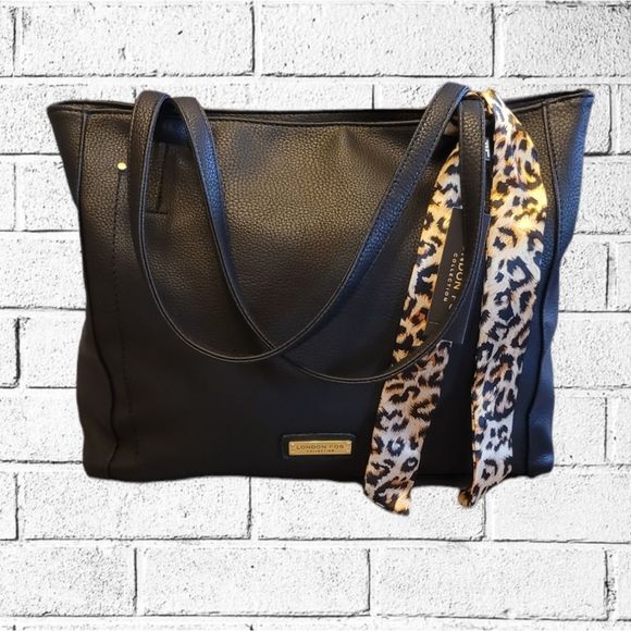 NEW Black London Fog Quendi Satchel w/ Leopard Print Twilly - Picture 1 of 11